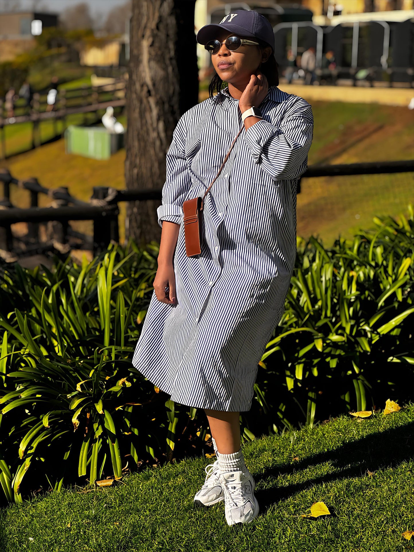 Blue and white striped shirt dress