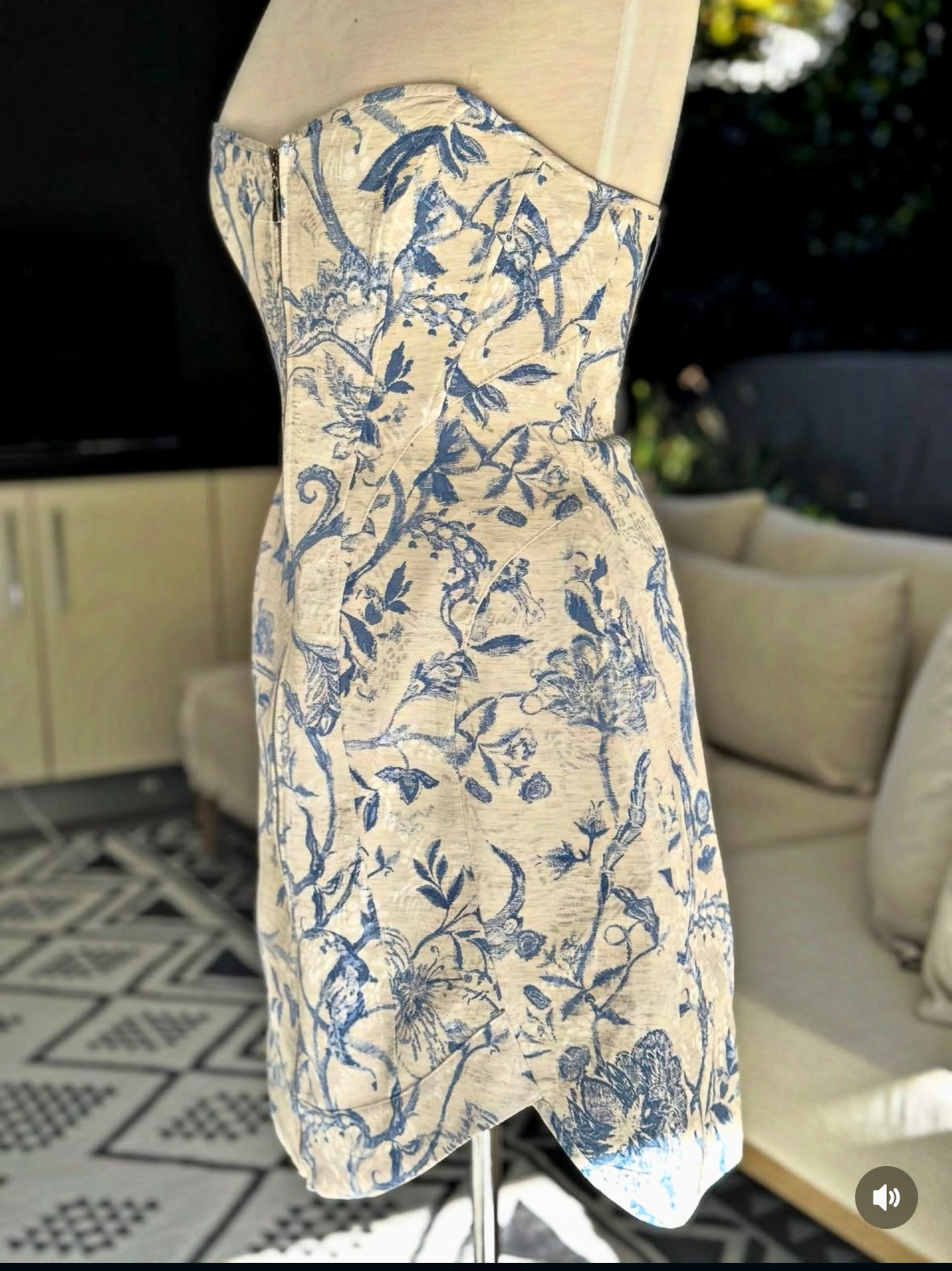 White and Blue Floral Jacquard Corset Dress