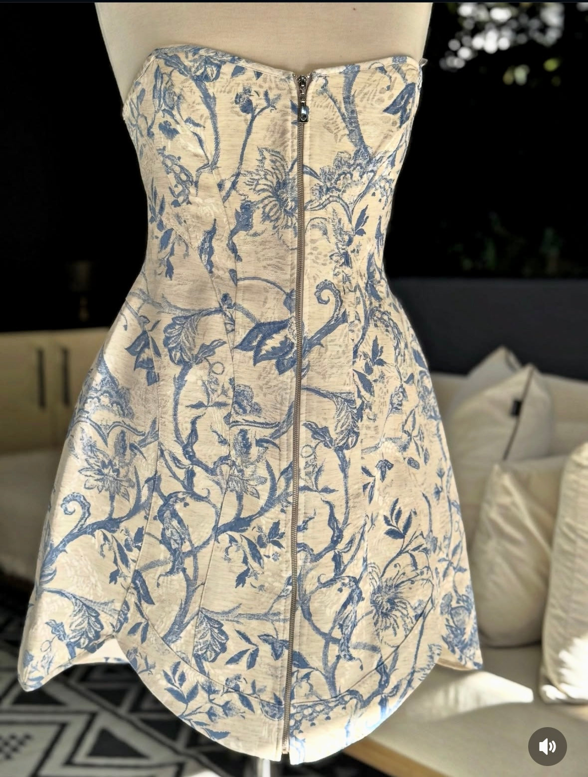 White and Blue Floral Jacquard Corset Dress