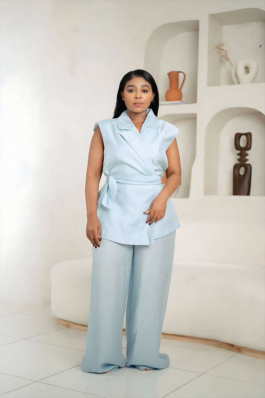 Light blue Sleeveless Wrap Top and Wide-Leg Pants Sets