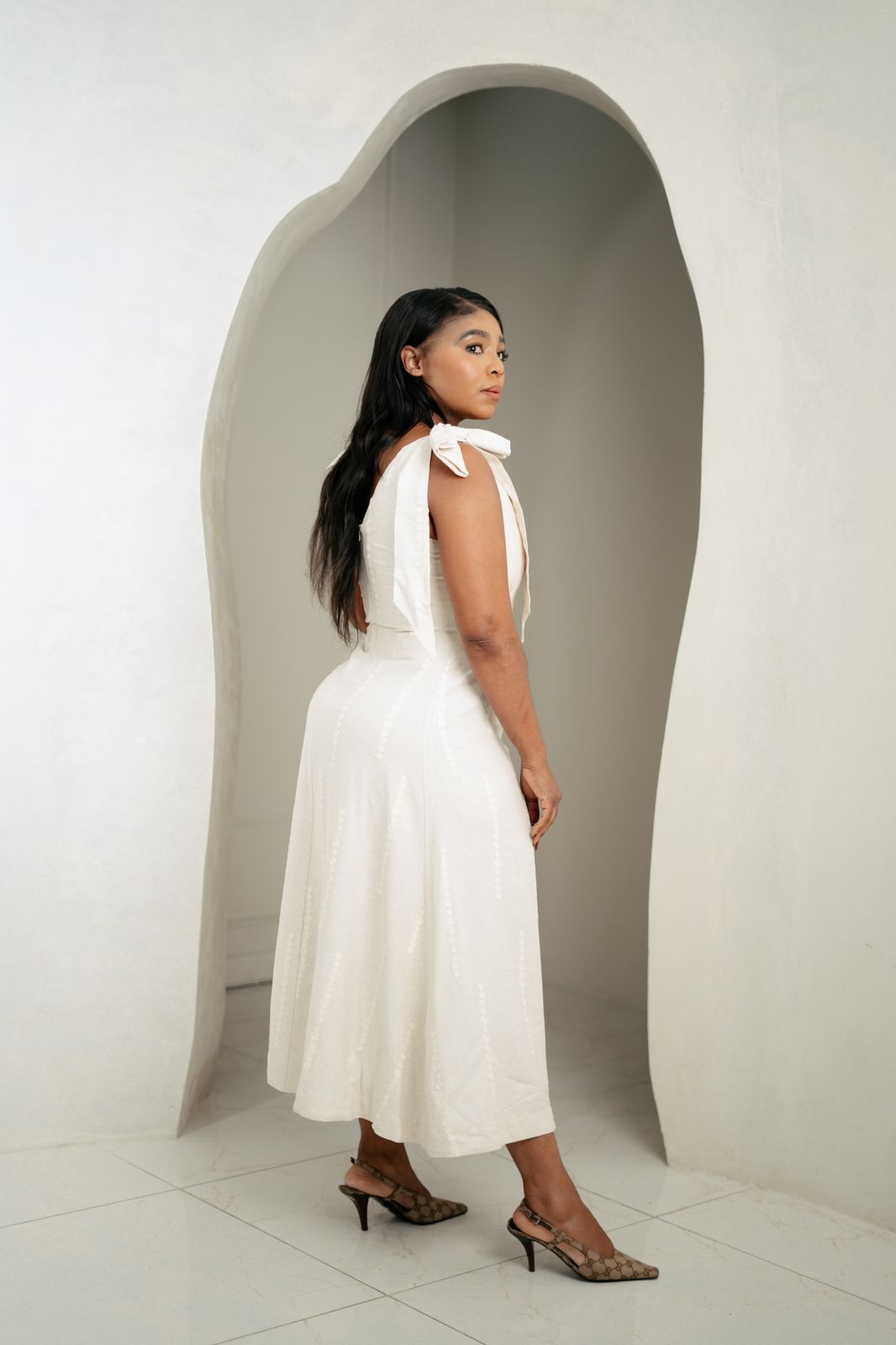 Cream Bow-Tie Jacquard Maxi
