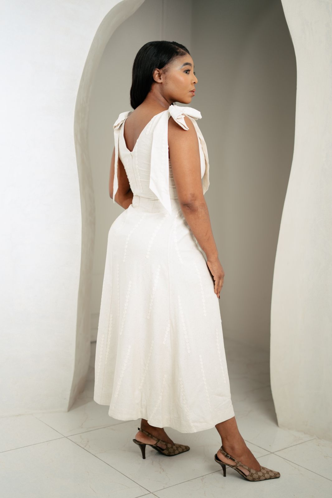 Cream Bow-Tie Jacquard Maxi