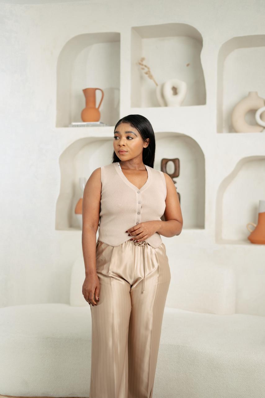 Champagne Pinstripe Satin Trousers