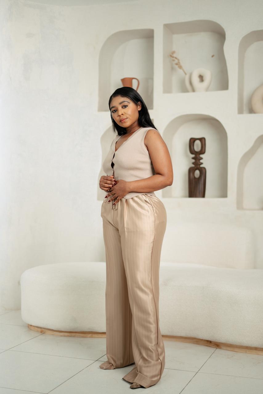 Champagne Pinstripe Satin Trousers