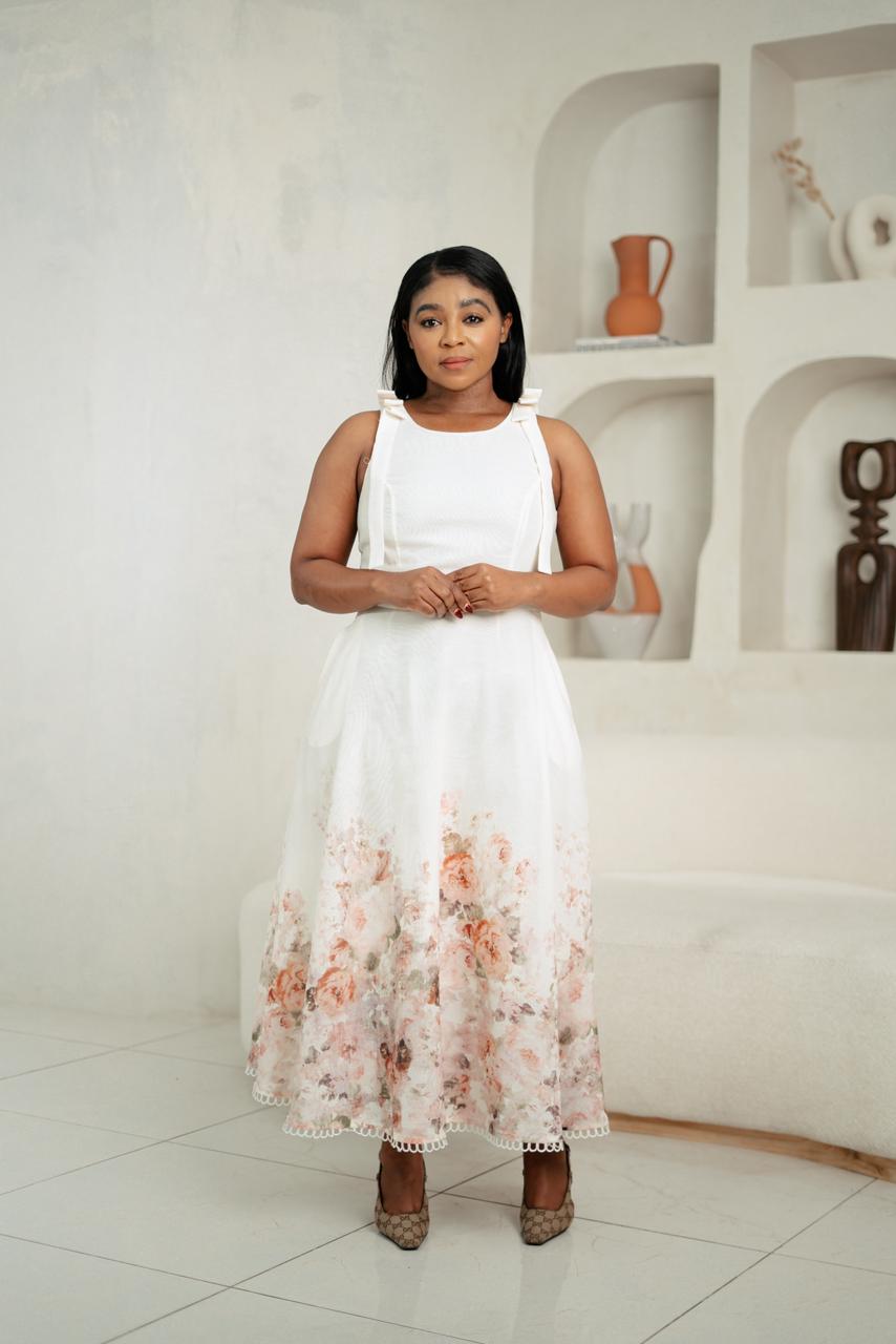 Ivory Bloom Tie-Strap Midi Dress