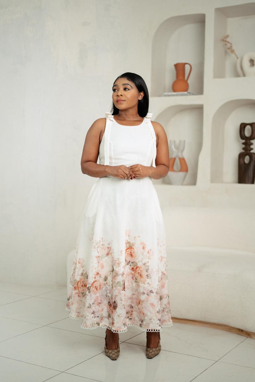 Ivory Bloom Tie-Strap Midi Dress