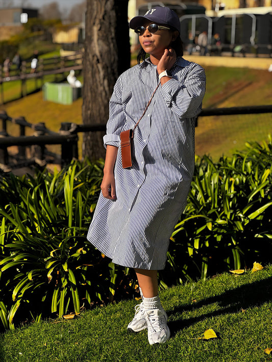 Blue and white striped shirt dress