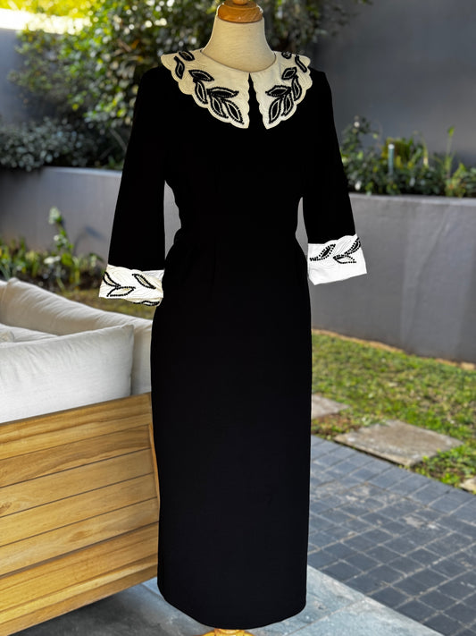 Vintage-Inspired Black Midi Dress with Embroidered Collar and Cuffs
