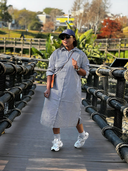 Blue and white striped shirt dress