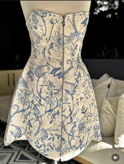 White and Blue Floral Jacquard Corset Dress