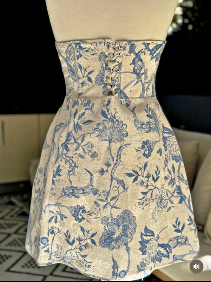 White and Blue Floral Jacquard Corset Dress