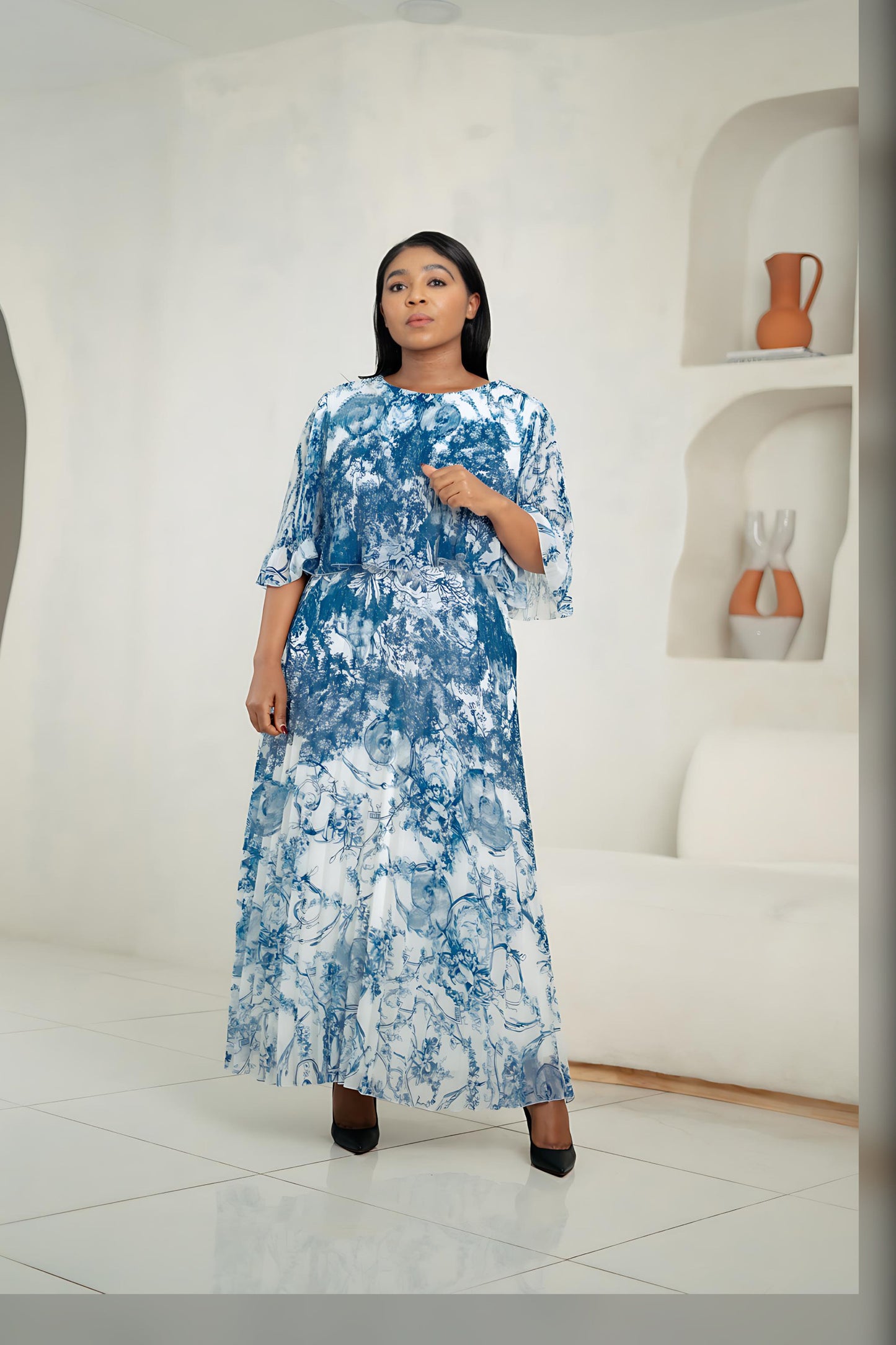 Blue and white Marbella Toile Chiffon Maxi Dress
