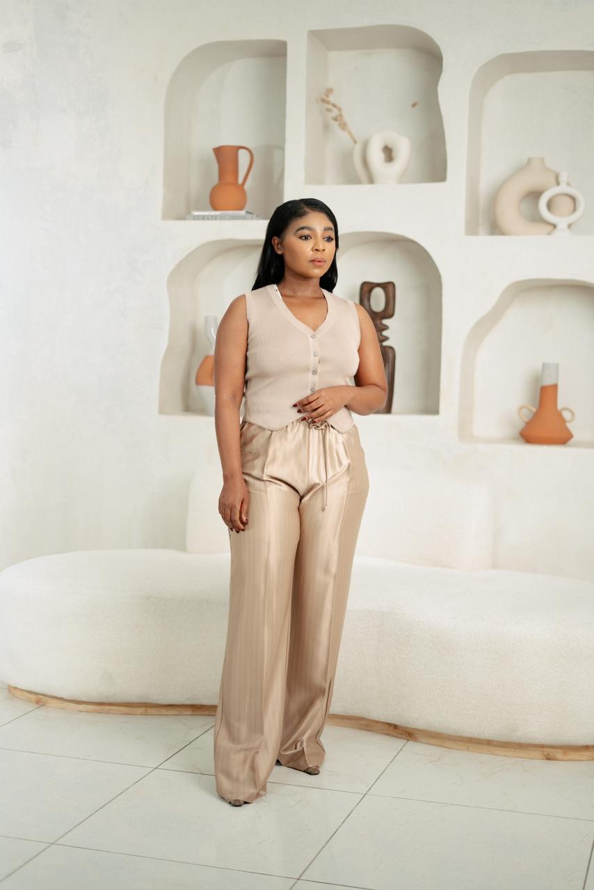 Champagne Pinstripe Satin Trousers