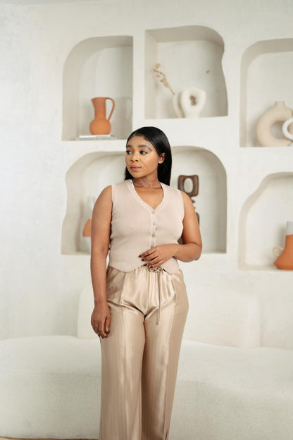 Champagne Pinstripe Satin Trousers