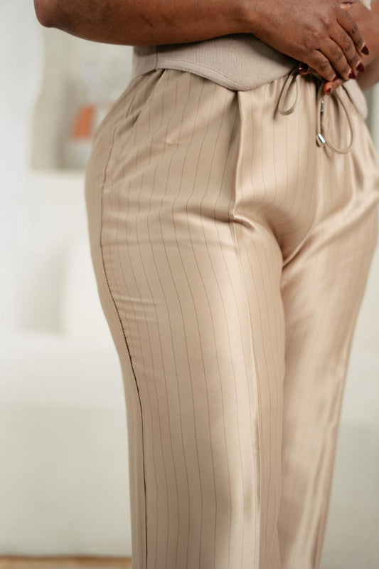 Champagne Pinstripe Satin Trousers